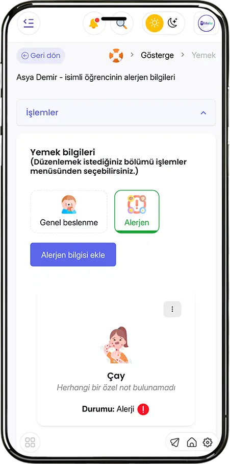 Yemek Bilgileri Kaydı - Öğrenci Alerjen, Diyet ve Beslenme Profili Oluşturma