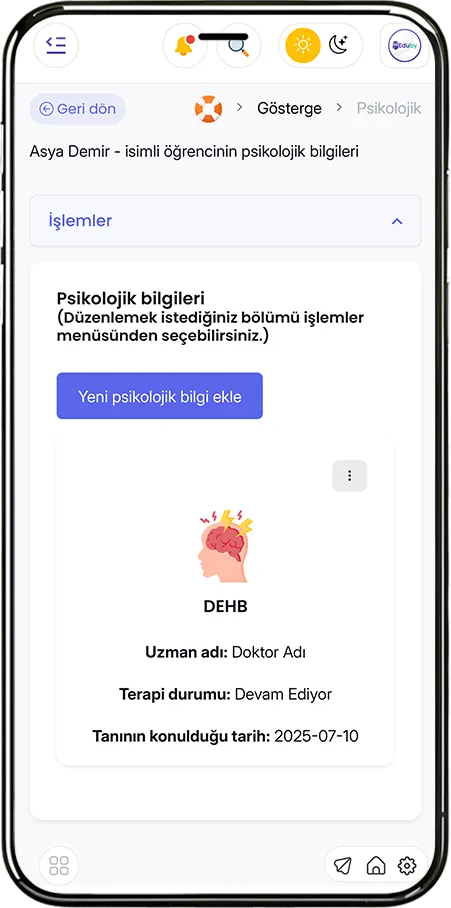 Psikolojik Bilgiler Modülü - Öğrenci Psikolojik Profili, Tanı-Terapi Takibi ve Gözlem Entegrasyonu